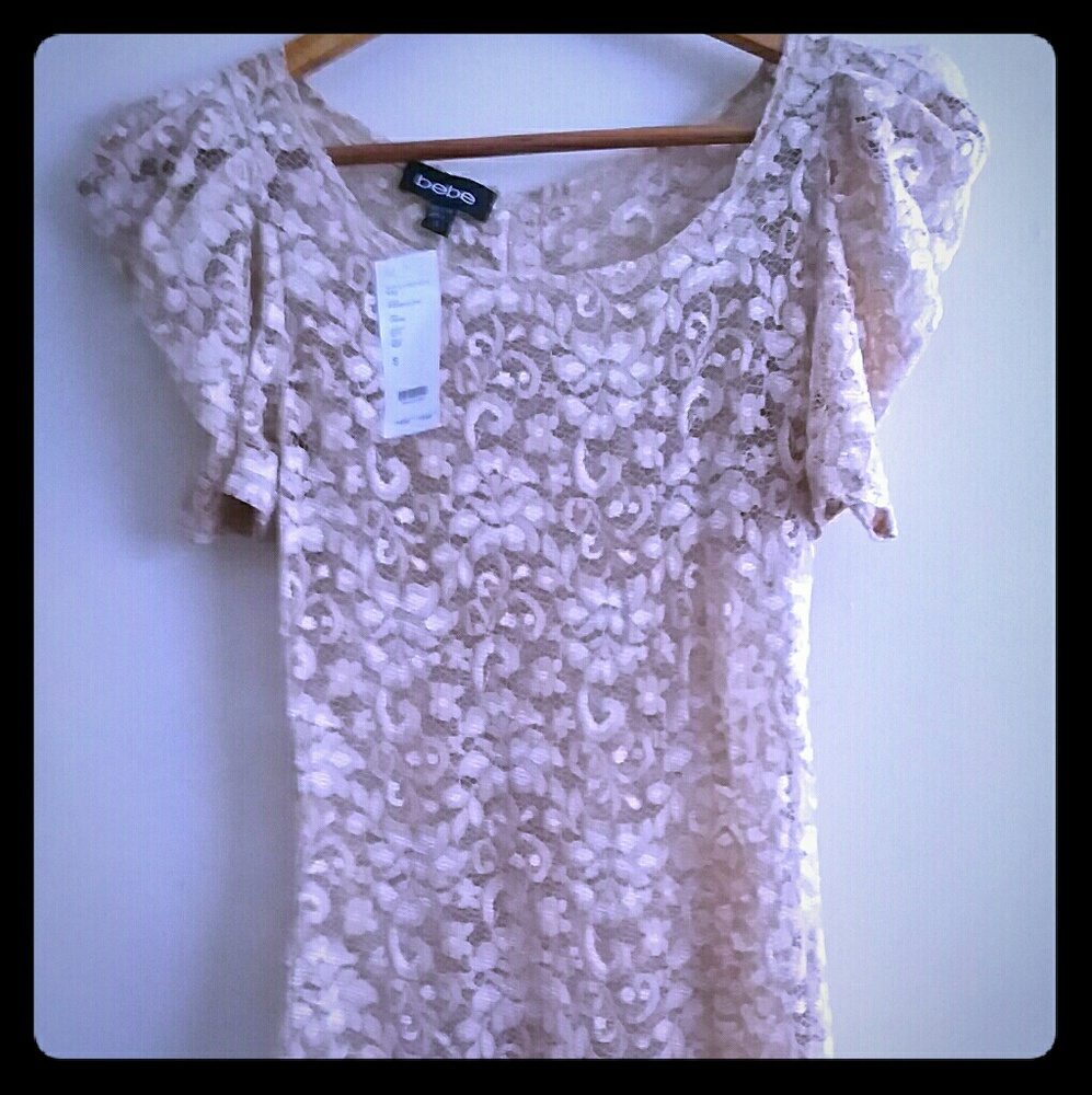 Bebe Nude Floral Lace Puffy Sleeves Top